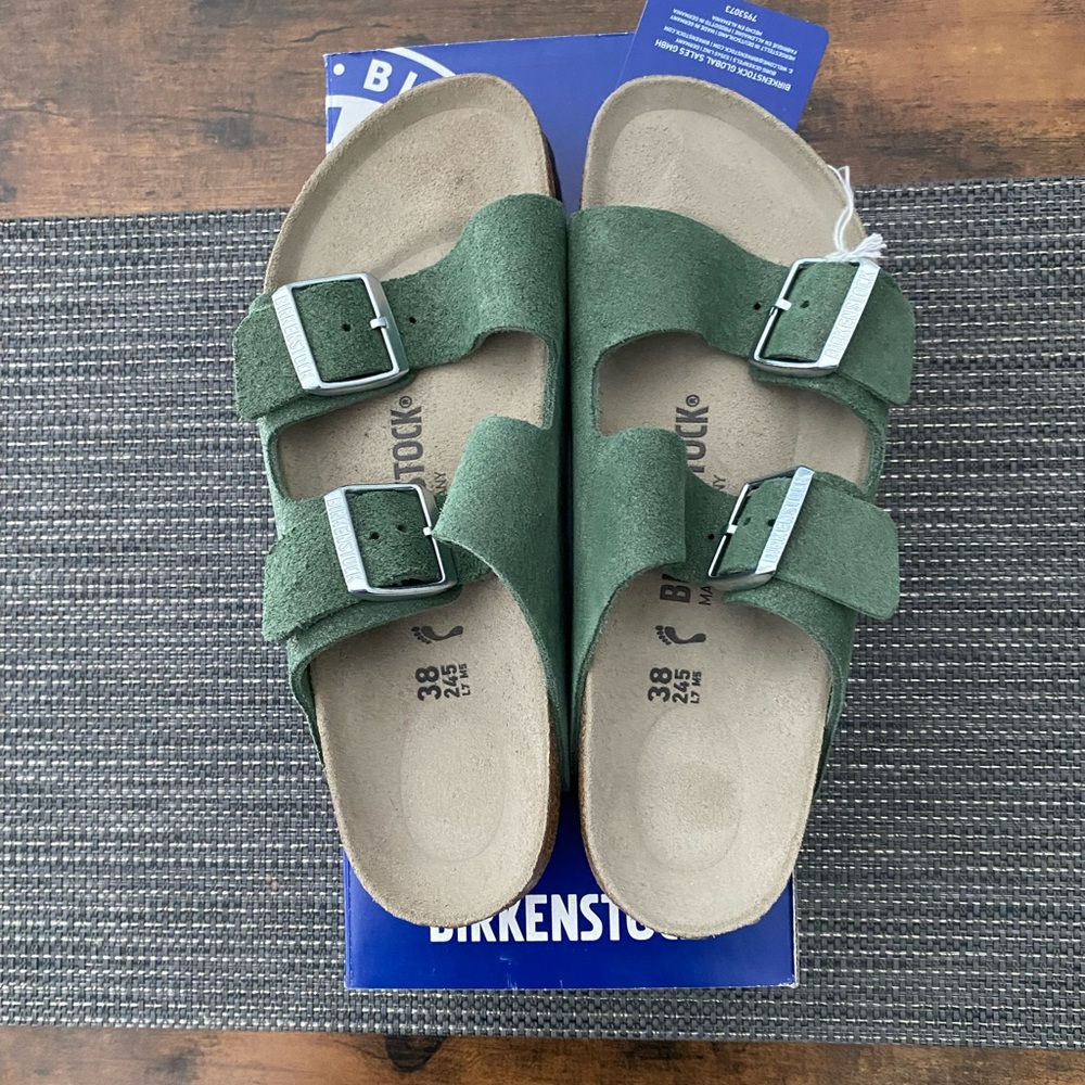 Birkenstock Arizona Suede Sandals in Green with Silver Buckles